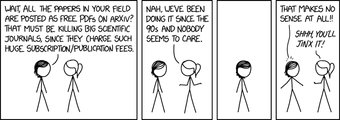 Comic about how scientists use arXiv to share research quickly, sometimes before peer review. (Source: arXiv)