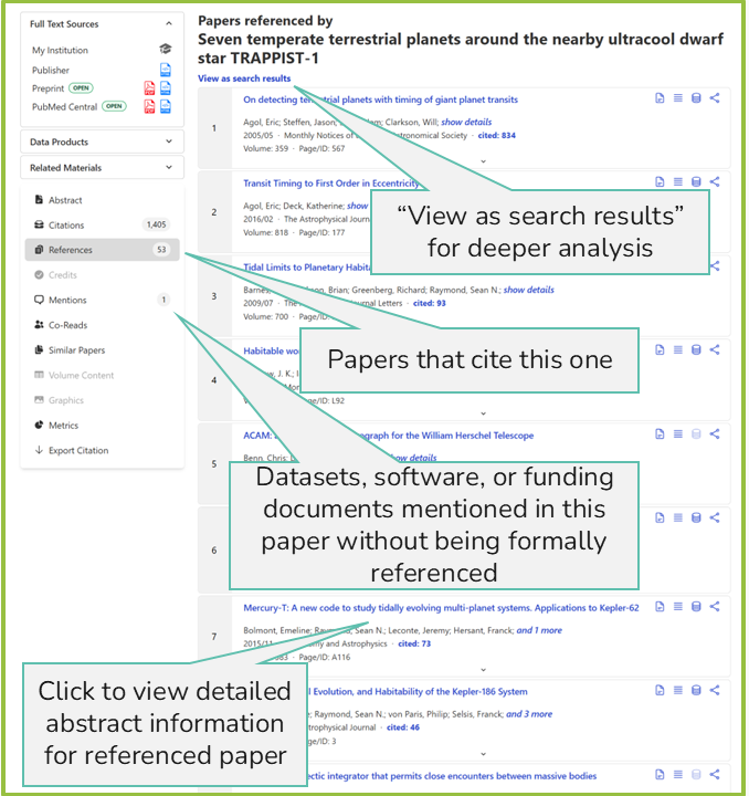 Screenshot of a SciX reference list with callouts showing references, citations, and mentions.