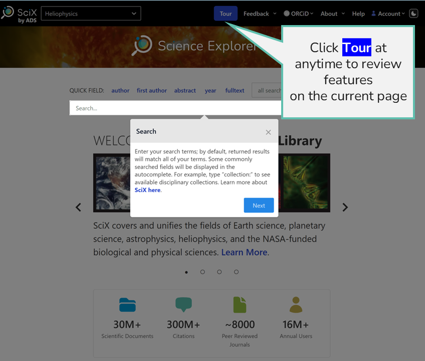 SciX homepage with Tour in progress describing the search bar; a call out points to the button that initiates the Tour feature. 