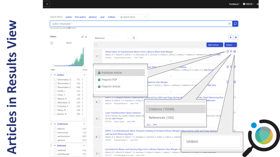 Annotated results view showing icons for open access papers, data links, and related software