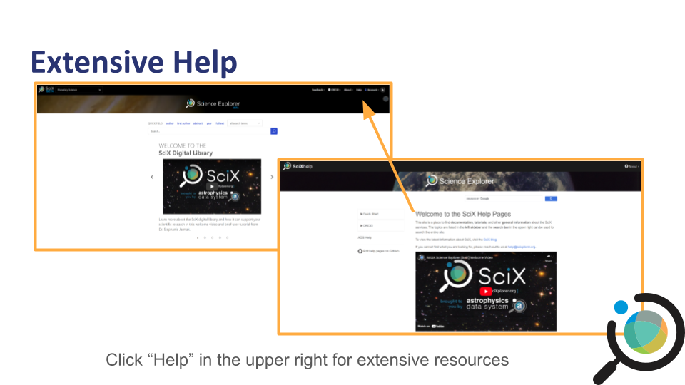 SciX homepage with the Help button highlighted in the top-right corner