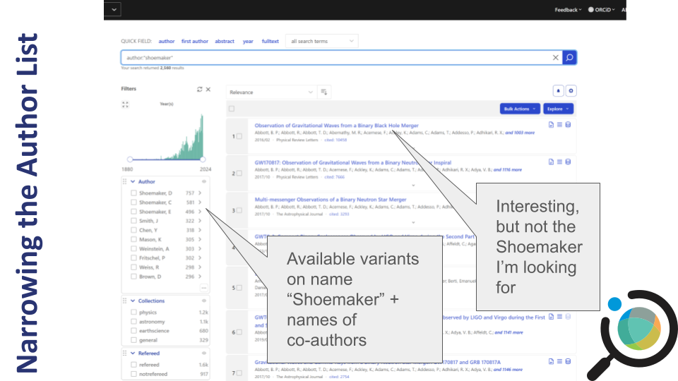Author facet sidebar showing Shoemaker variants and frequent collaborators
