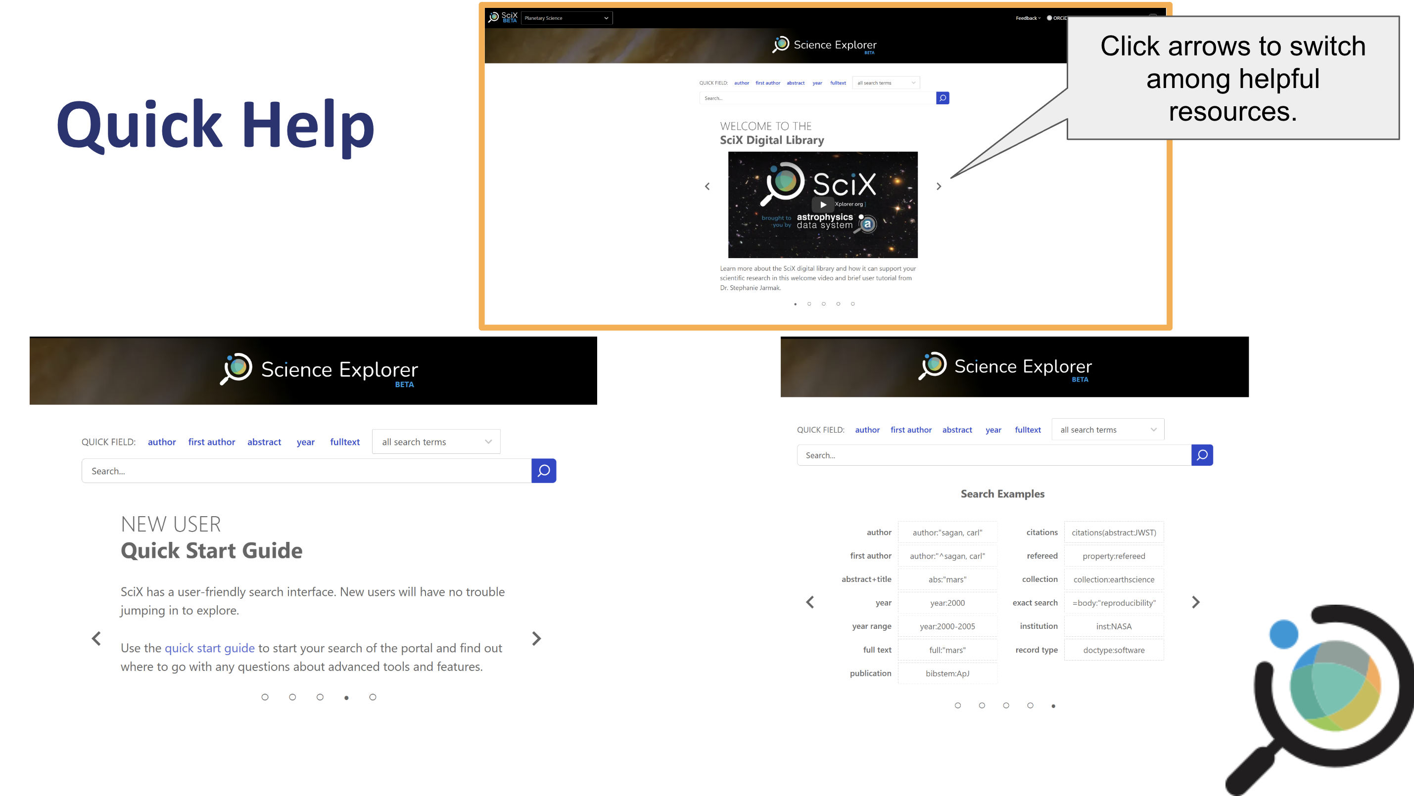 Help carousel on the SciX homepage showing navigation arrows and learning resources