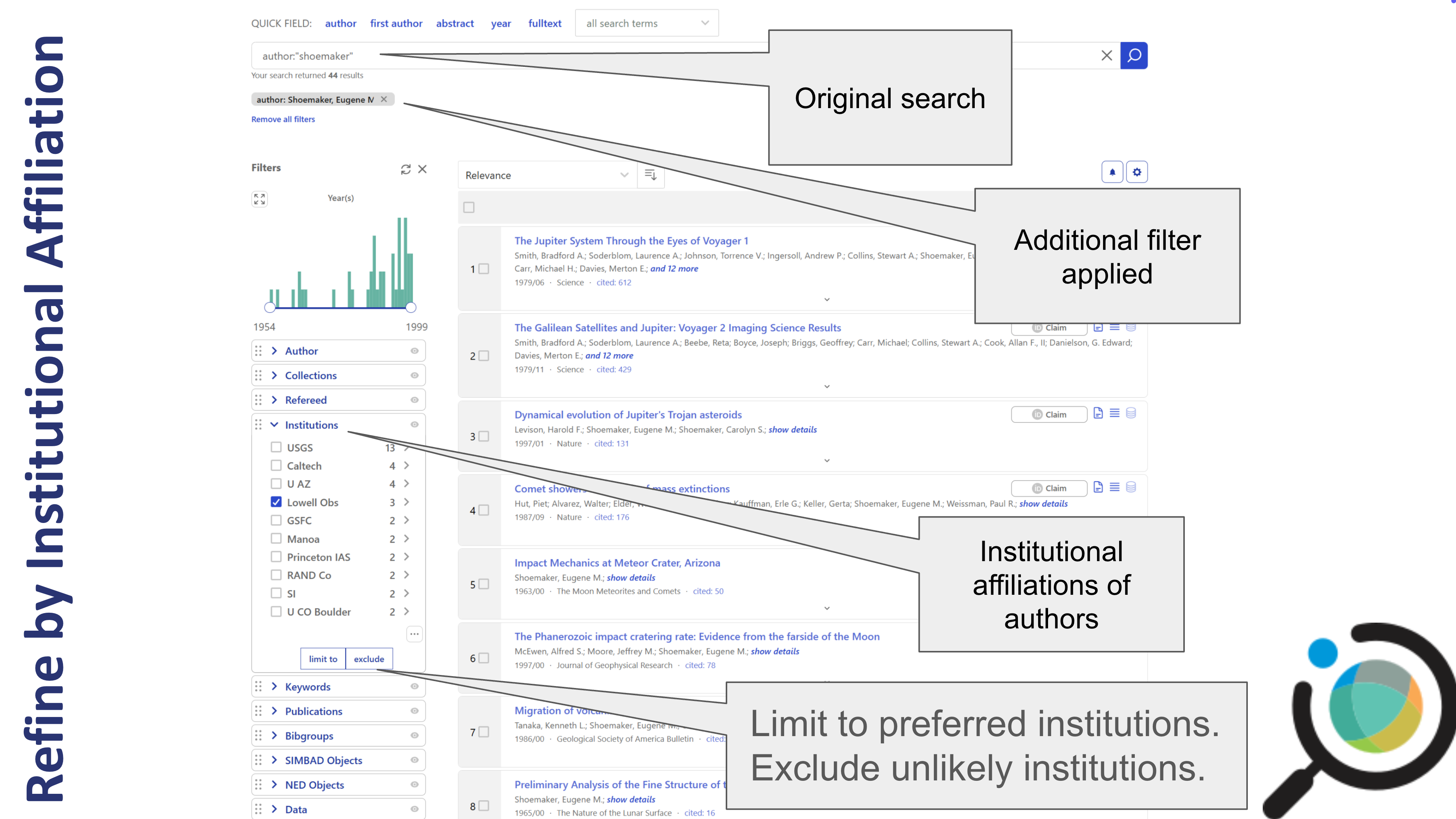 SciX sidebar facet showing a list of institutions such as Lowell Observatory with checkboxes to include or exclude them from results