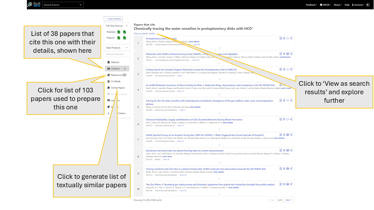 List of papers cited by main paper shown from within SciX abstract view with basic metadata plus annotatons highlighting features of this view