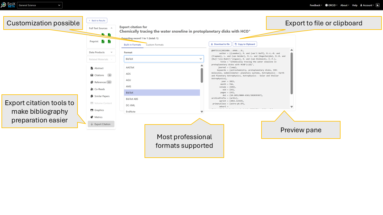 Export citation tools showcasing BibteX option available from within SciX abstract view plus annotatons highlighting features of this view