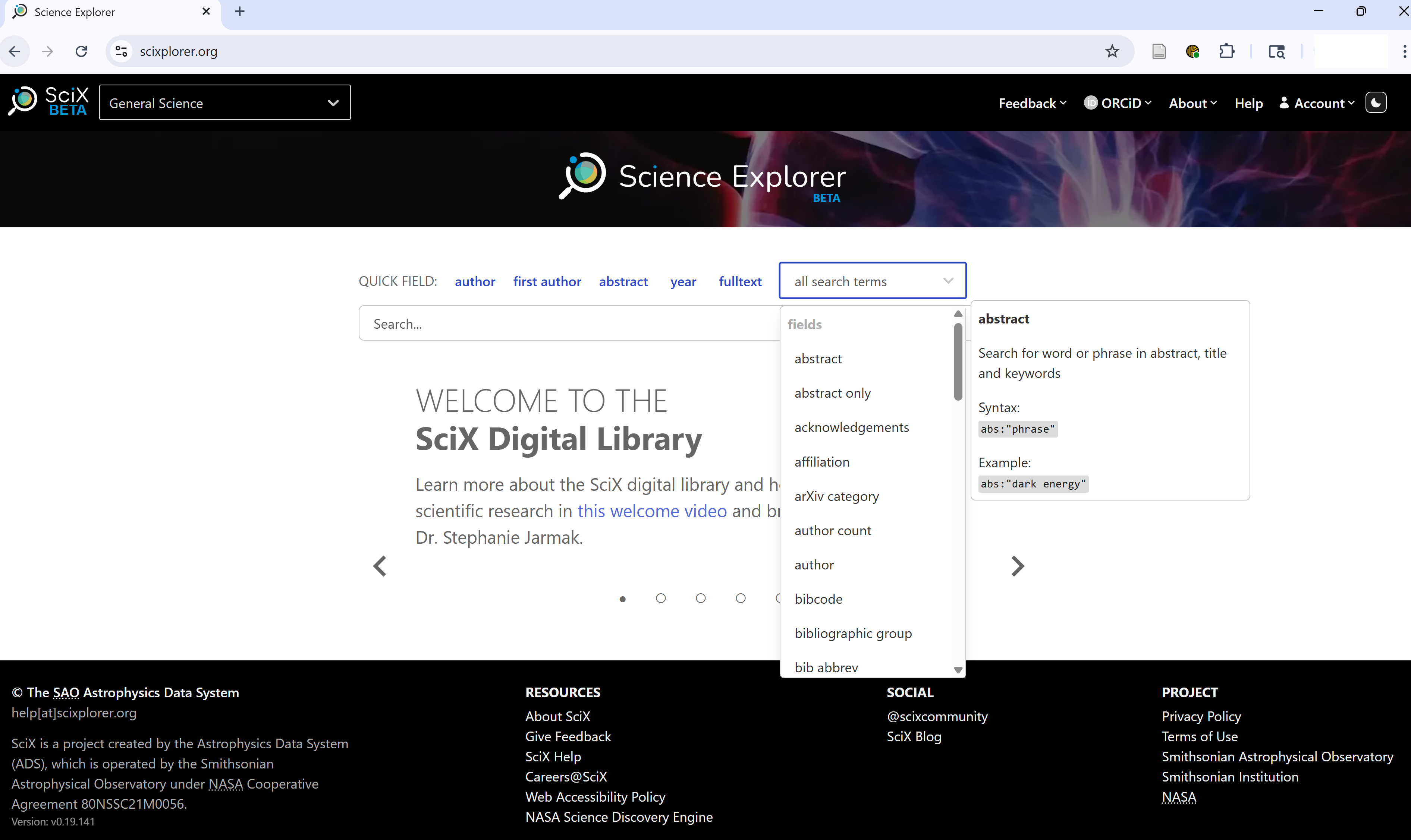 SciX main search terms with "all search terms" menu extended; abs search is highlighted and explained