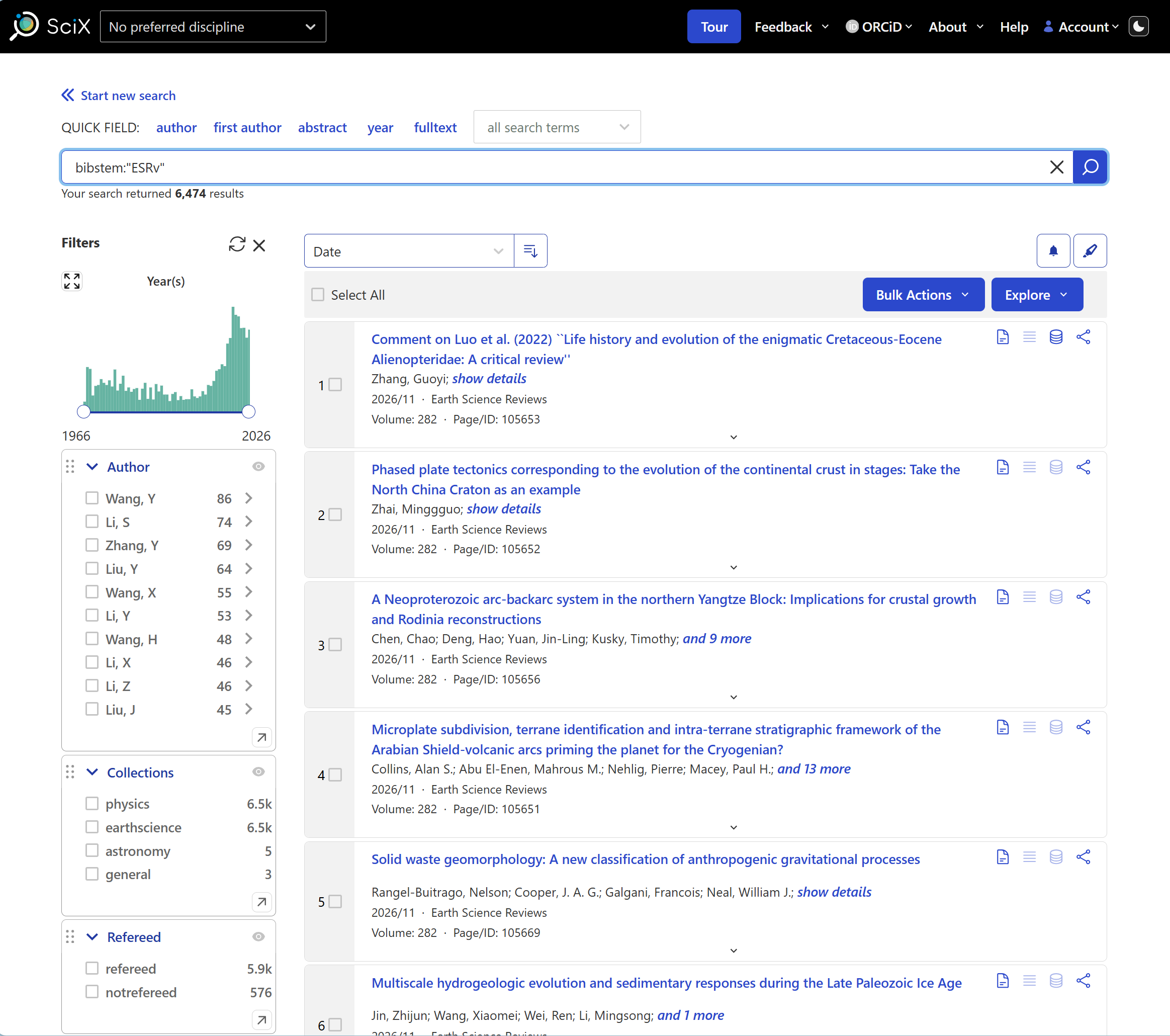 Screenshot of SciX results for all of the papers published by _Earth Science Reviews_ (bibstem = ESRv)