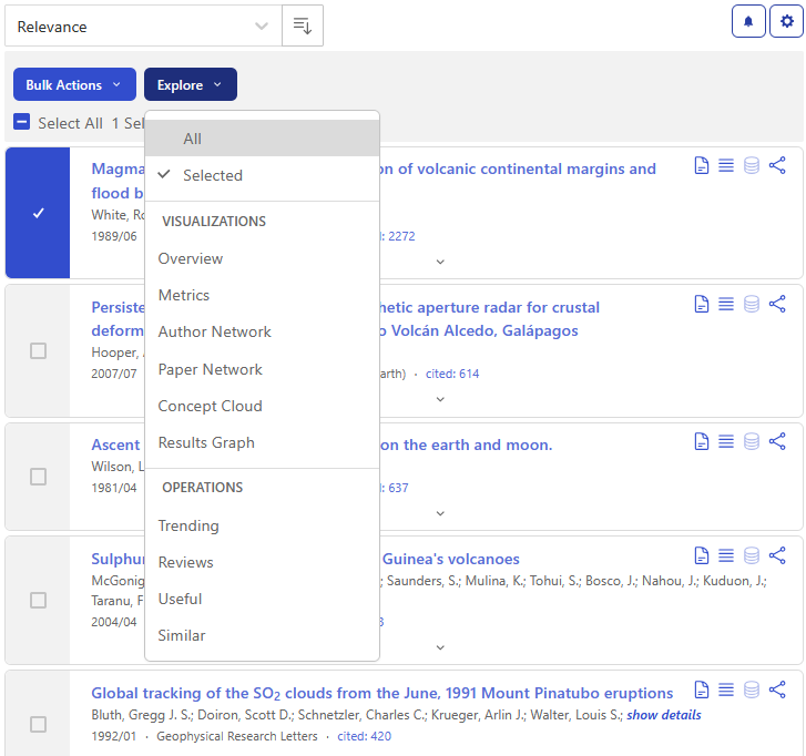 Screenshot of the Explore menu from SciX search results.