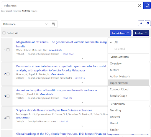 Screenshot of SciX search results on Volcanoes.