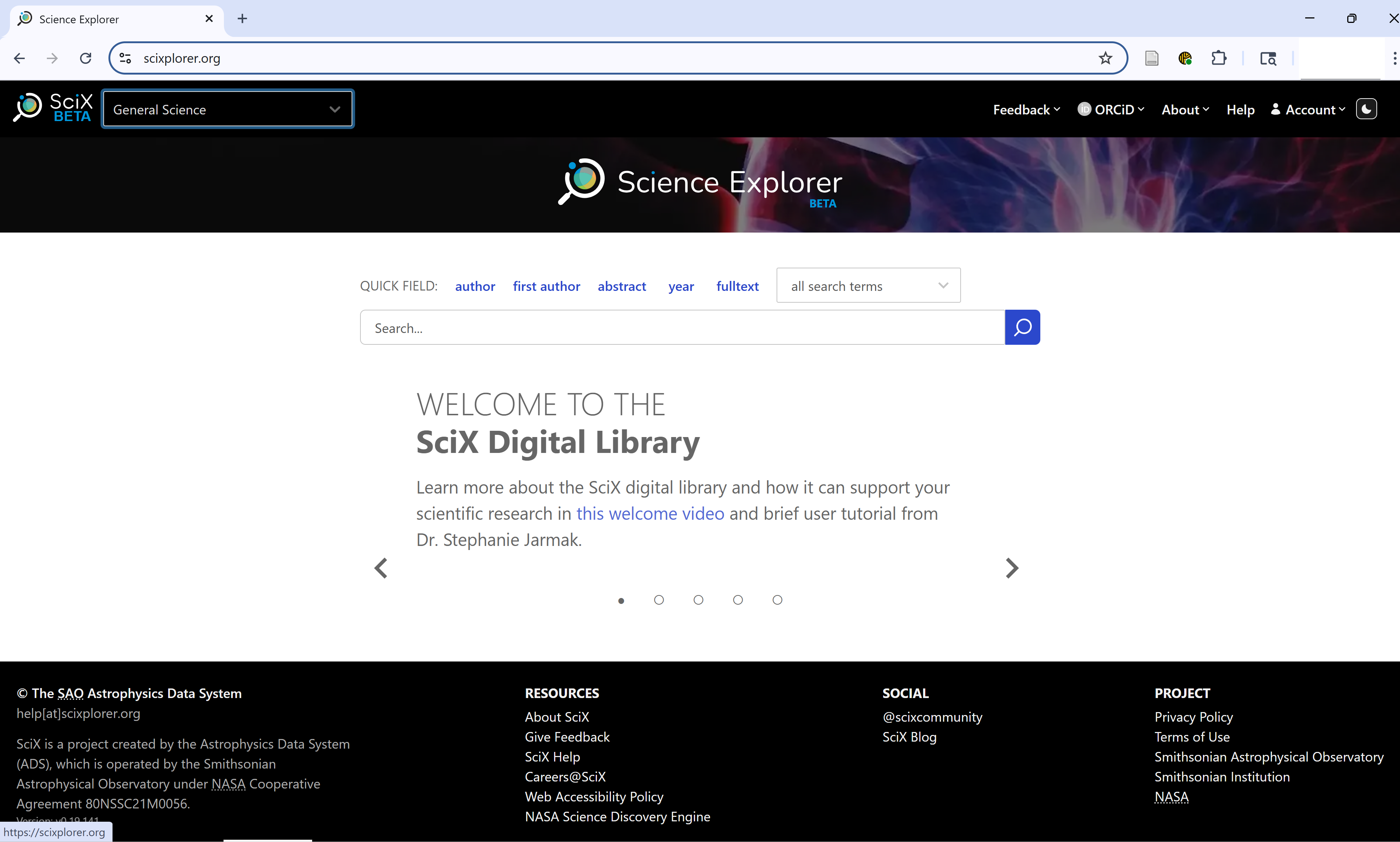 Screenshot of the SciX homepage