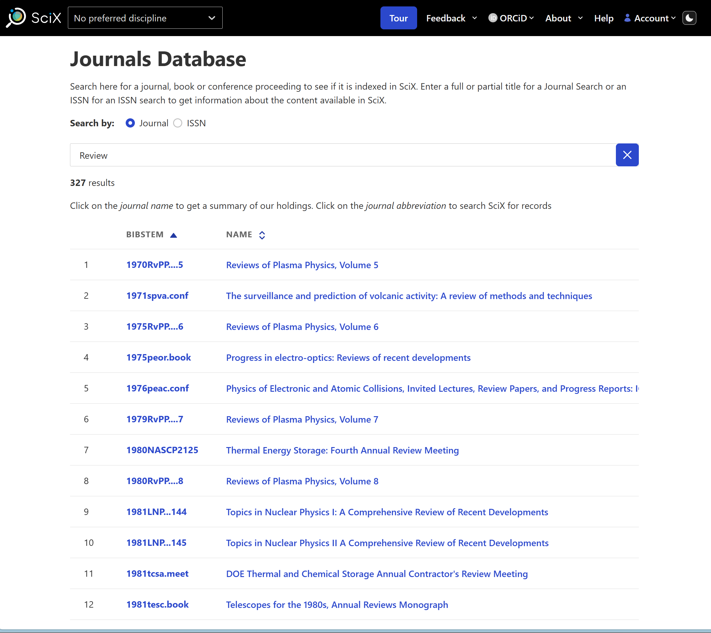 Screenshot of SciX Journals Database search results for 'Review' 