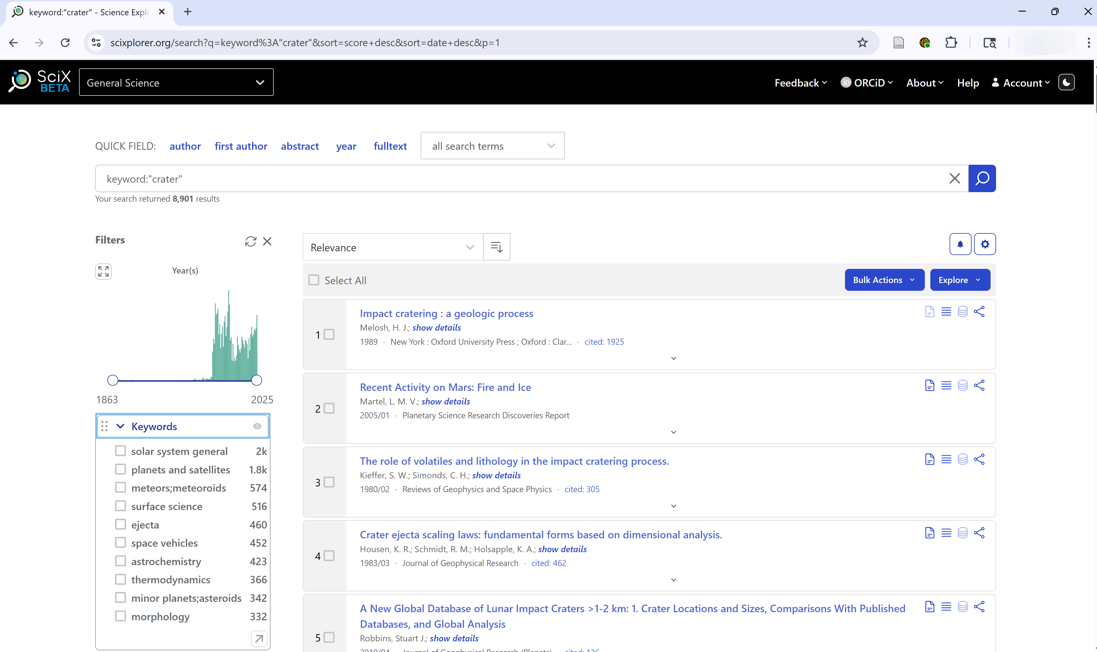 SciX results view showing 8,901 items for "Crater"