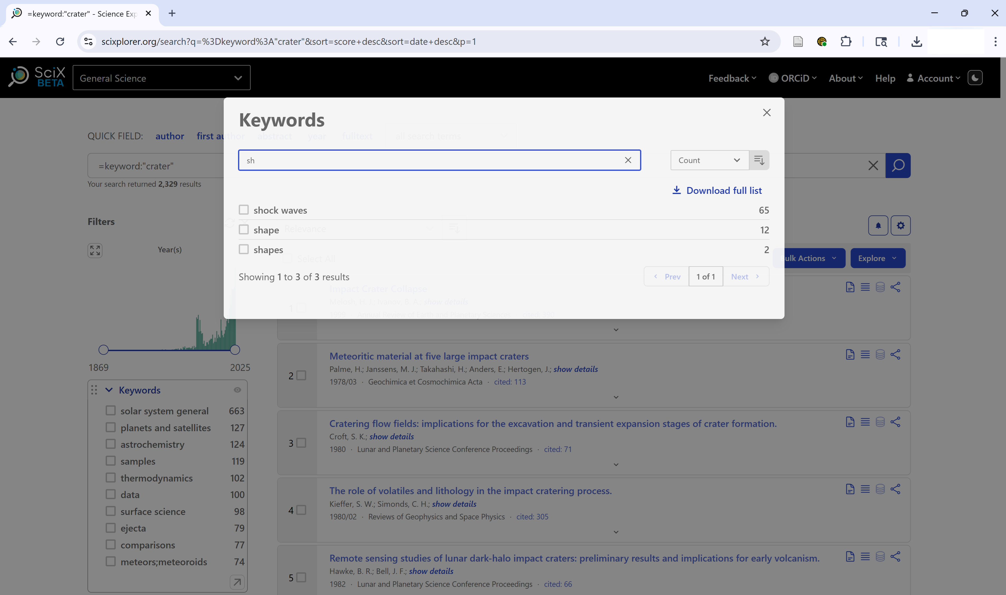 SciX Keywords facet search panel showing search for terms begining with ‘sh’