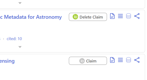 Screenshot show the buttons for claim and delete claim in SciX.
