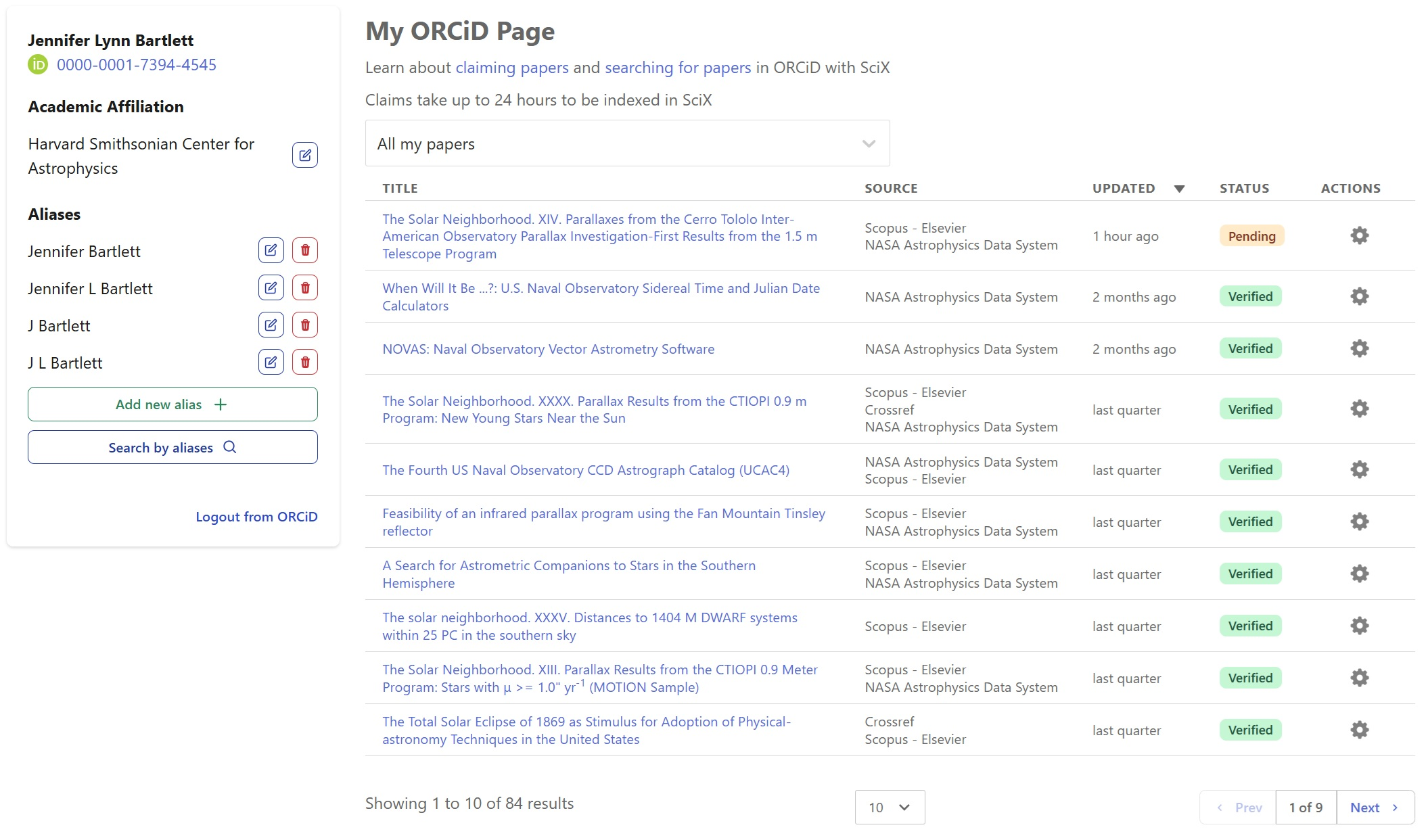 Screenshot of a 'My ORCiD Page' that shows the status of SciX papers associated with an ORCiD along with information about the user.