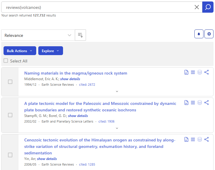 Screenshot of SciX results that are reviews on literature about volcanoes.
