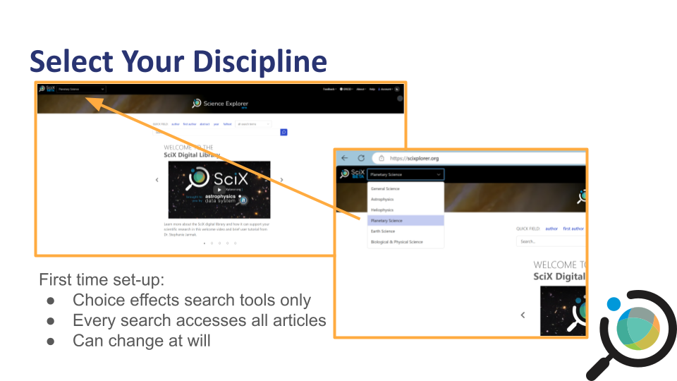 Dropdown menu for selecting a discipline in SciX, such as Planetary Science