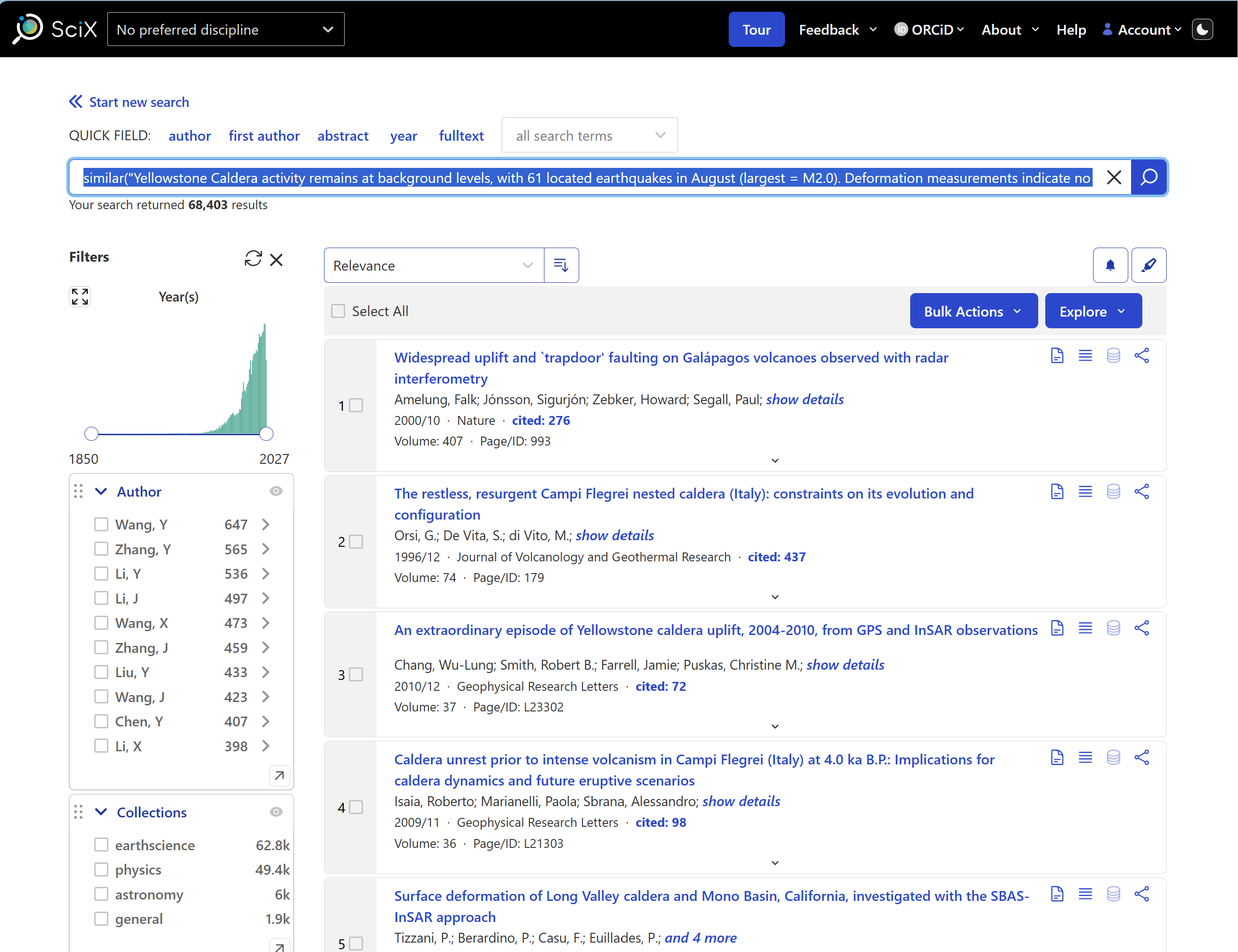 Screenshot of SciX results page from search of 'Similar()' with user-input text about Yellowstone monitoring.