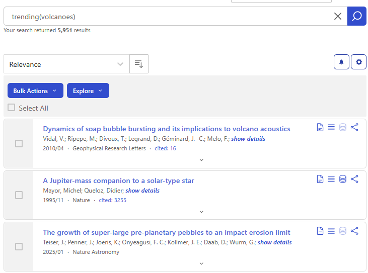 Screenshot of SciX results about volcanoes that are trending.
