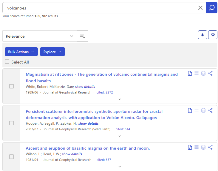 Screenshot of SciX search results on Volcanoes.