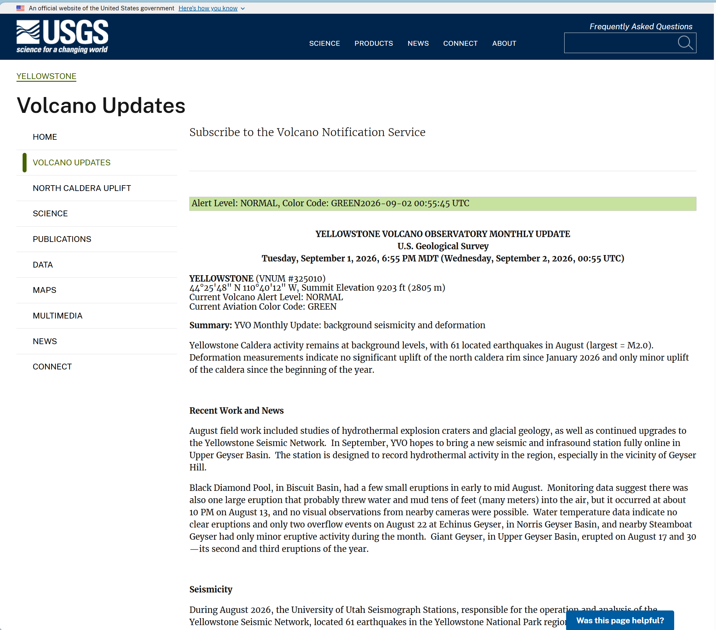 Screenshot of USGS Yellowstone Volcano Observatory Monthly Report dated 2026 September 01
