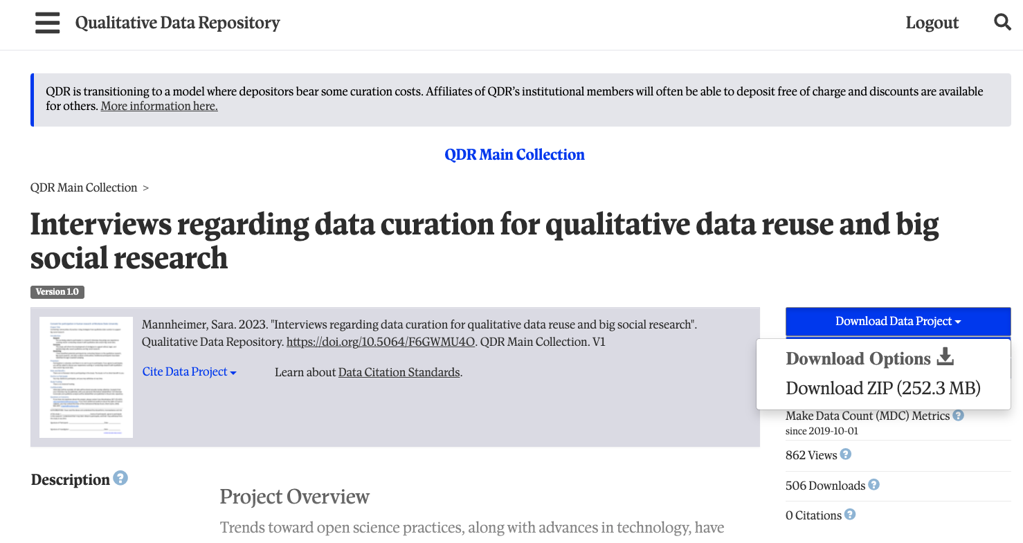 Screenshot highlighting the Download Data Project context menu for a QDR project