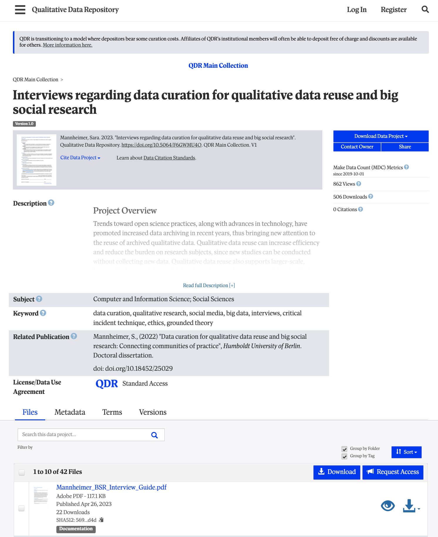 Screenshot of a webpage titled "Interviews regarding data curation for qualitative data reuse and big social research" within QDR