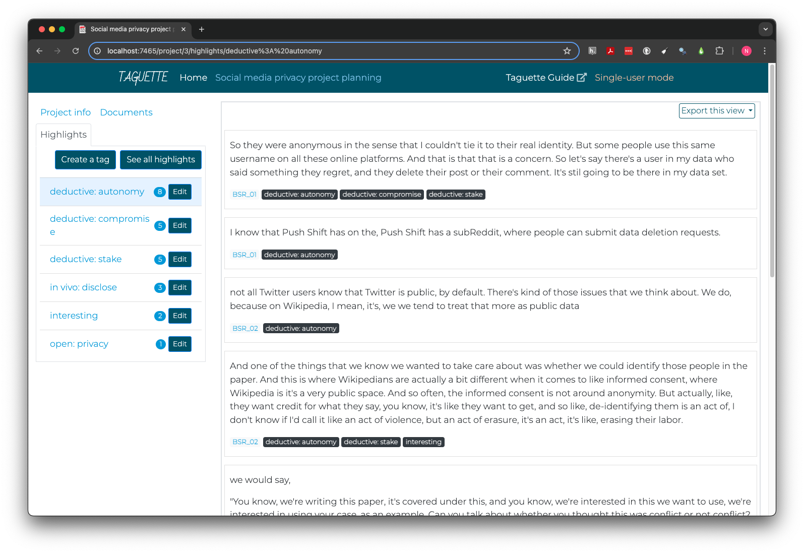 Image of Taguette showing highlights for the deductive tag named autonomy