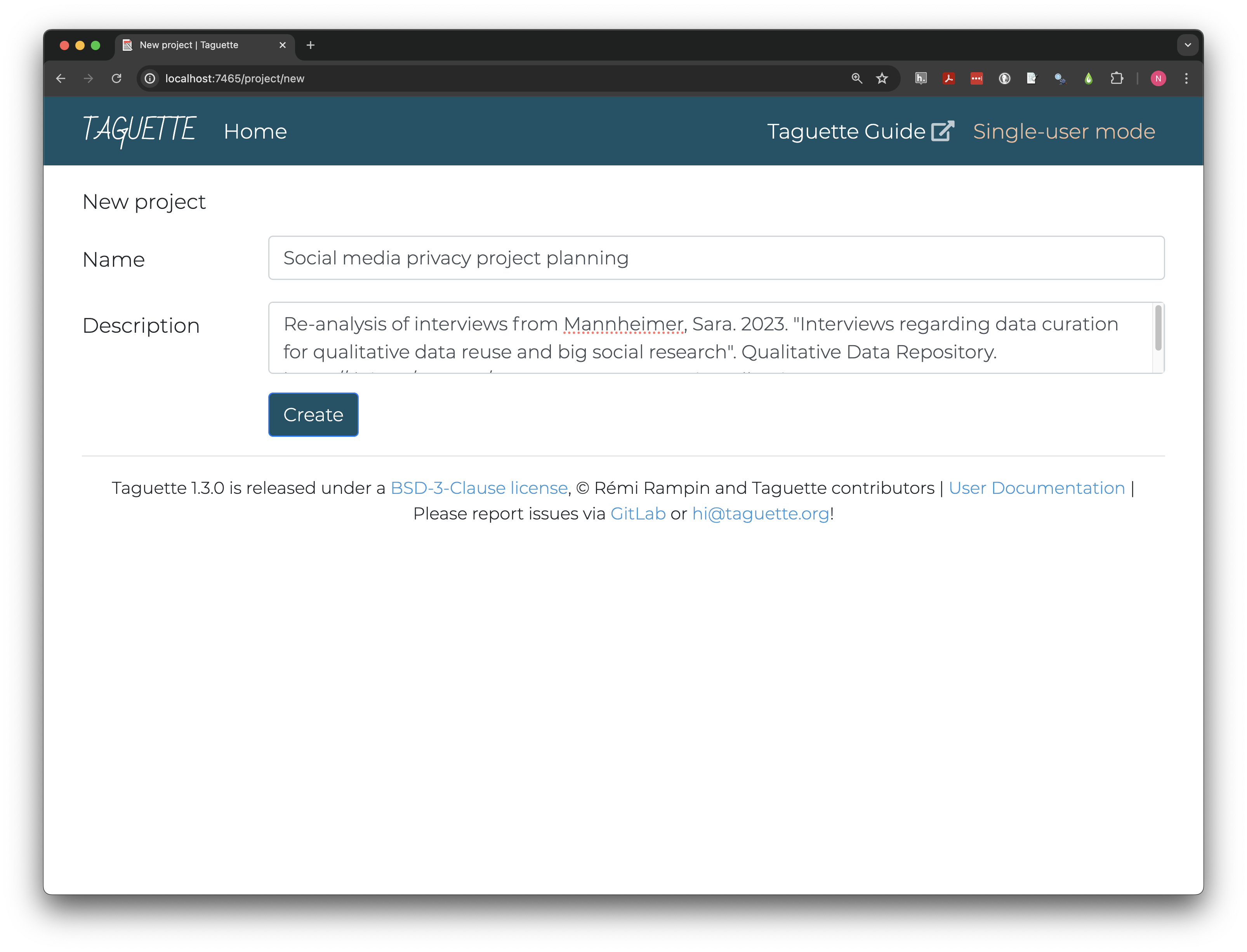 Image of New project screen in Taguette for a project named Social media privacy project planning. The description includes a citation to the data at QDR.