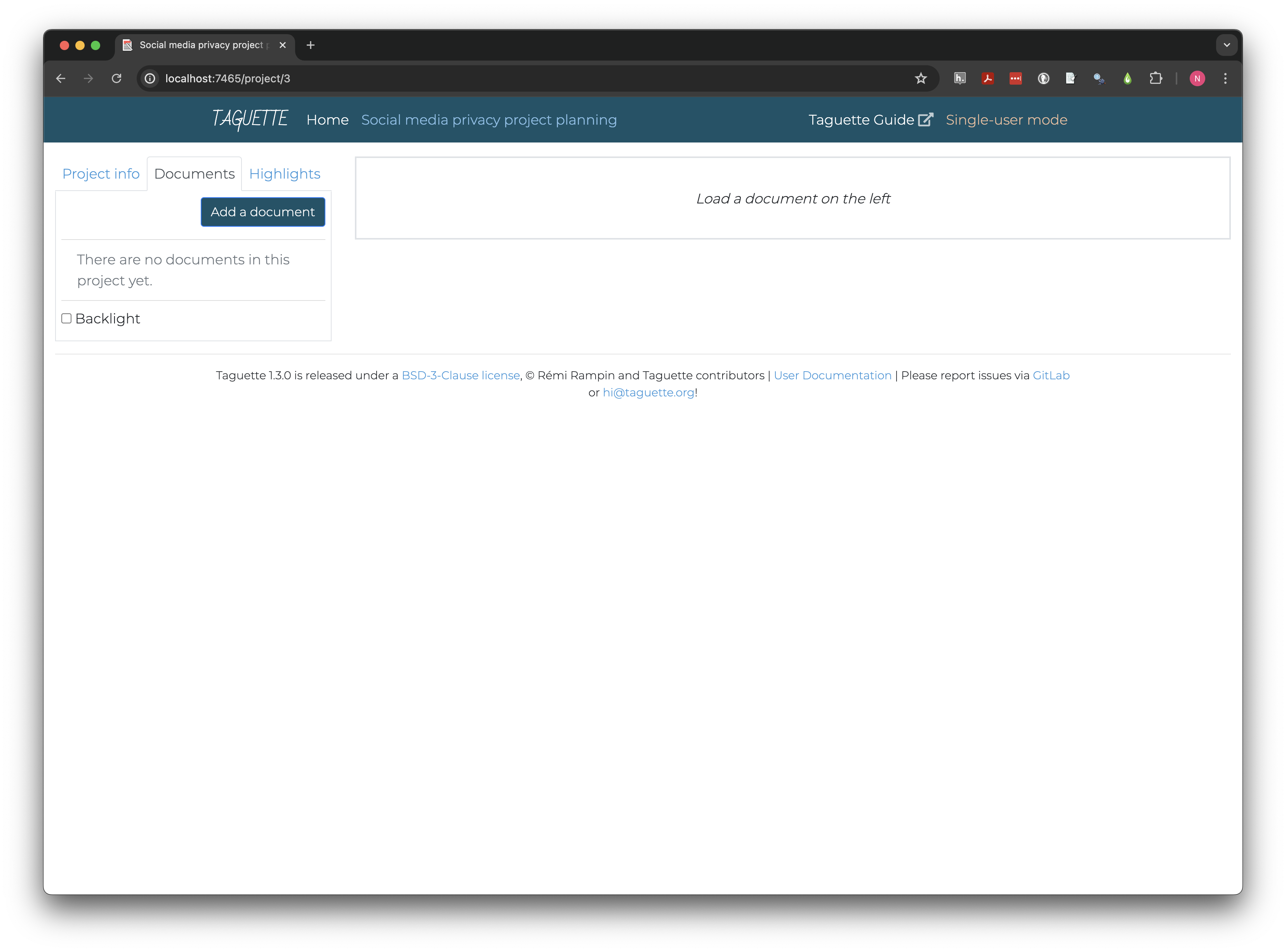 Image of project page for a new project in Taguette with the Documents tab selected but no documents displayed