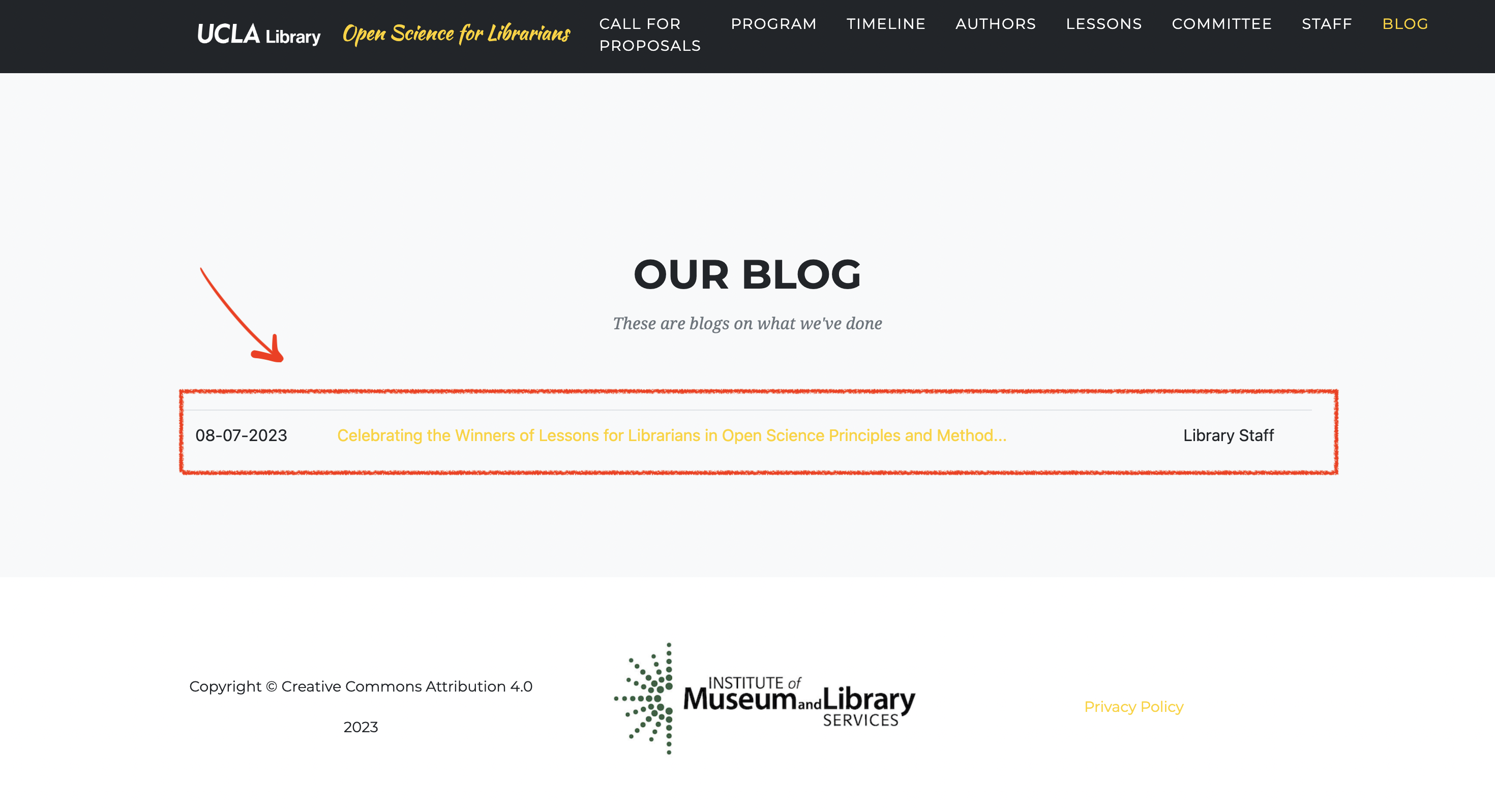 blog post displayed on site